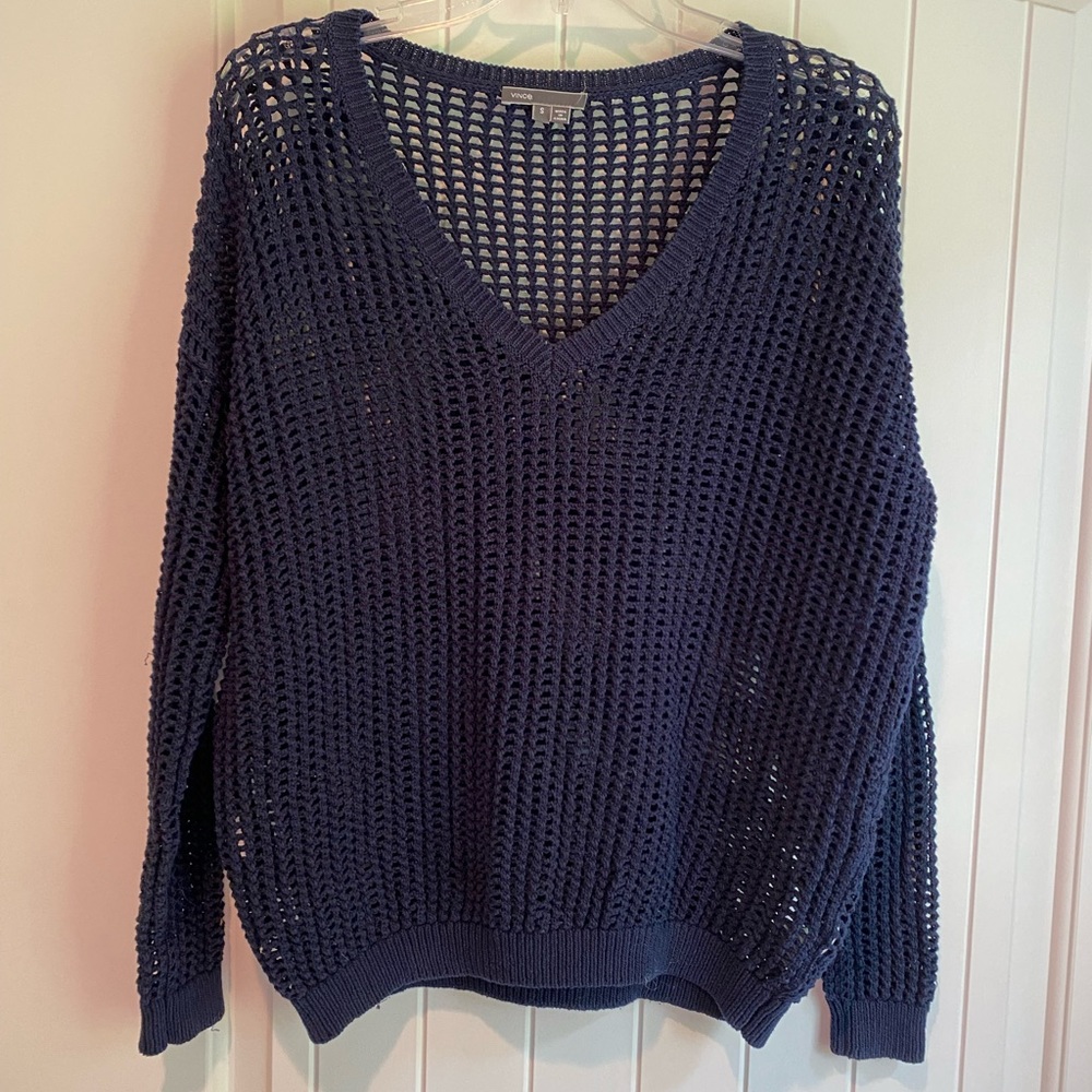 Vince Navy Open Weave Grid Mesh Sweater S